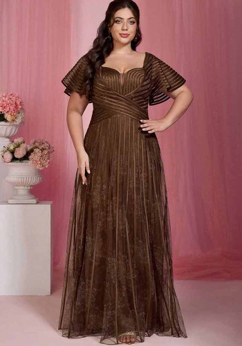 Plus Size Women Square Neck Pleated Mesh Embroidered Long Wedding Formal Party Evening Dress