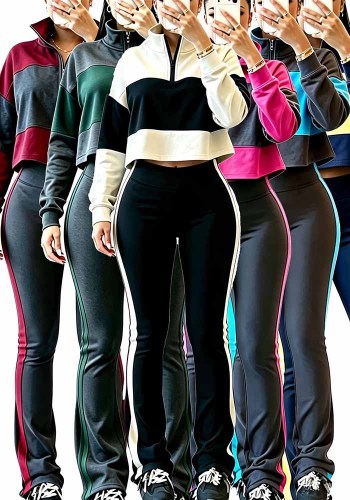 Women’s Two Piece Contrast Color Set Zip Up Turn Down Collar Hoodie and High Waist Slight Flare Pants