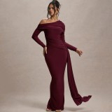 Women Slash Shoulder Autumn Gathered Sash Dress
