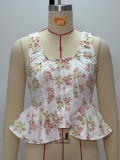 Women Spring Floral Sleeveless Ruffle Top and Long Pant Two Piece Set