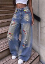 Women Color Button Ripped Wide Leg Denim Pant Women Color Button Ripped Wide Leg Denim Pant