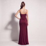 Women’s Formal Party Beaded Satin Strap Chiffon Patchwork Maxi Dress with Mesh Ribbon Details
