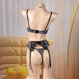 Women Lace Leopard Patchwork Bra Cutout Lingerie Set