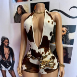 Women’s Sexy Cow Print Deep V Neck Halter Neck Tight Fitting Romper