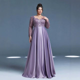 Plus Size Women Formal Party Square Neck Long Sleeve Mesh Patchwork Wedding Evening Dress