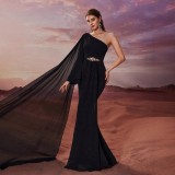Women’s Elegant Chic Applique  One Shoulder Chiffon Patchwork Mermaid Evening Gown