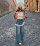 Women Irregular Patchwork Lace Wide Leg Denim Pant