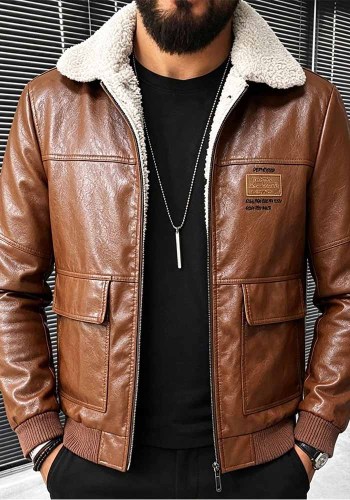 Men Fleece Lined Winter Turndown Collar Pu-Leather Jacket