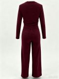 Women Autumn/Winter Solid Long-sleeve Top + Patchwork Wide-leg Pants Two-piece Set