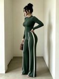 Women Autumn/Winter Solid Long-sleeve Top + Patchwork Wide-leg Pants Two-piece Set