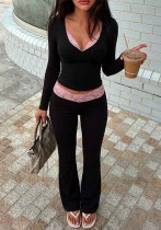 Women Color Block Lace Faux Two Piece V-Neck Long Sleeve Top and Bell Bottom Casual Pant Two Piece Set Women Color Block Lace Faux Two Piece V-Neck Long Sleeve Top and Bell Bottom Casual Pant Two Piece Set