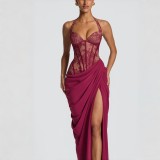 Women Lace Patchwork Halter Neck Pleated Boned Slit Maxi Dress