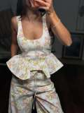Women Spring Floral Sleeveless Ruffle Top and Long Pant Two Piece Set