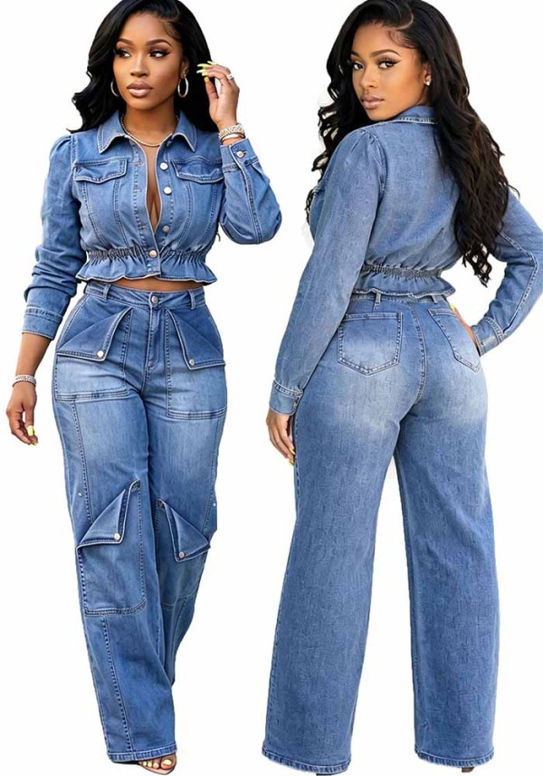 Women Casual Multi-Pocket Washed Denim Top and Pant Two Piece Set