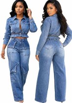 Women Casual Multi-Pocket Washed Denim Top and Pant Two Piece Set Women Casual Multi-Pocket Washed Denim Top and Pant Two Piece Set