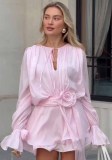 Women Summer V Neck Ruffle Long Sleeve Dress