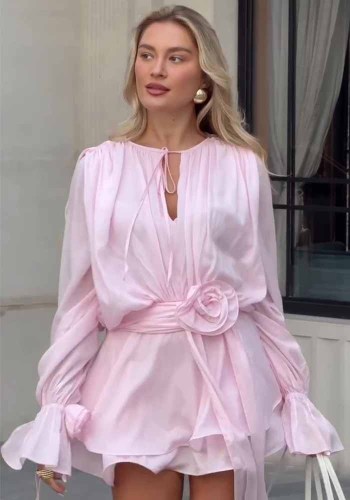 Women Summer V Neck Ruffle Long Sleeve Dress
