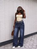 Women Leopard Print Double Waistband Denim Pant