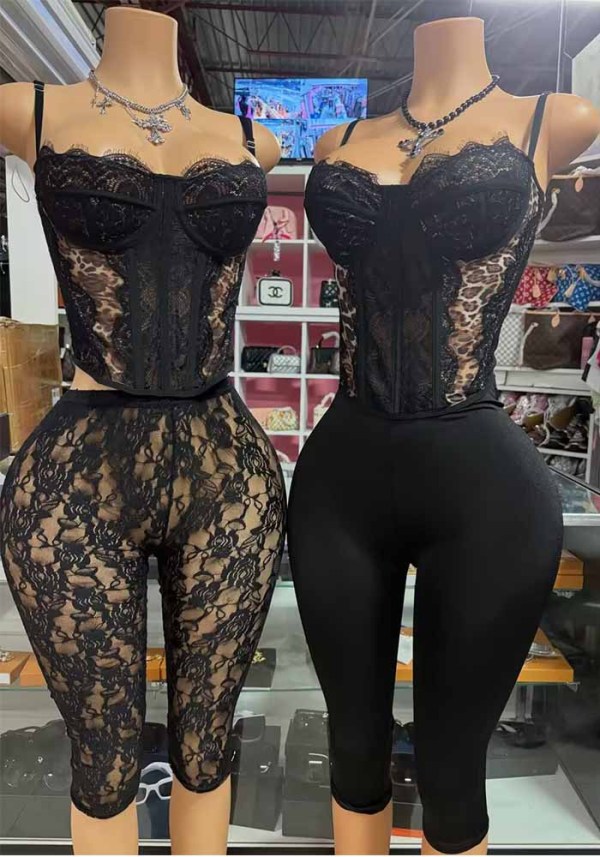 Women Sexy Boned Corset Tank Top and Capri Pant Two Piece Set