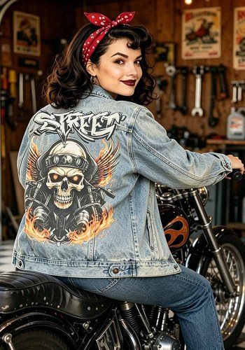 Women Autumn Printed Turndown Collar Denim Jacket