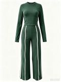 Women Autumn/Winter Solid Long-sleeve Top + Patchwork Wide-leg Pants Two-piece Set