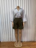 Women’s Plus Size Turn Down Collar Striped Shirt and Tailored Shorts Set