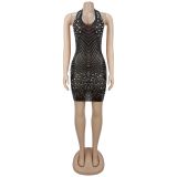 Women V Neck Plunging Halter Neck Strap Bodycon Beaded Backless Mini Dress