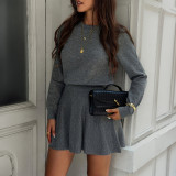 Women Autumn Winter Knitting Round Neck Top and Skirt Two Piece Set