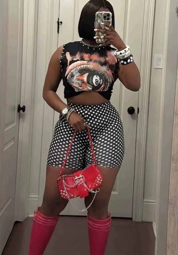 Women’s Polka Dot Printed Sleeveless T Shirt and Shorts Set