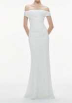Women Summer Off Shoulder Pleated White Banquet Dress Women Summer Off Shoulder Pleated White Banquet Dress