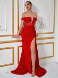 Women’s Sequin Velvet Patchwork Off Shoulder High Side Slit Evening Dress