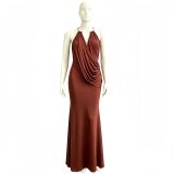 Women Sleeveless Cowl Neck Pleated Sexy Backless Halter Neck Bodycon Maxi Dress