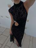 Women Lace Cutout Slit Dress Slash Shoulder Dress