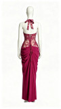 Women Lace Patchwork Halter Neck Pleated Boned Slit Maxi Dress