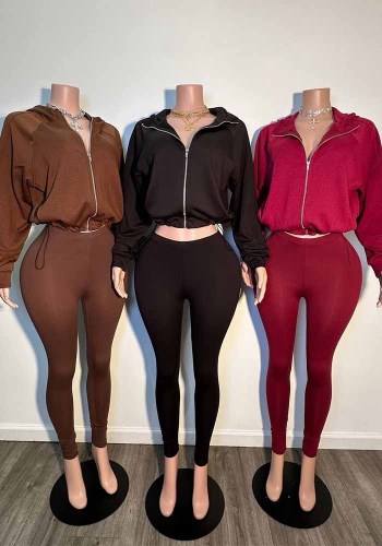 Women’s Cropped Zip Up Hooded Jacket and High Waist Tight Fitting Leggings Set