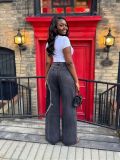 Women Color Block Patchwork Raw Edge Wide Leg Denim Pant