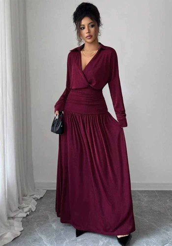 Women Early Autumn Solid Elegant V Neck Dress