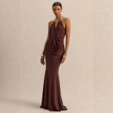 Women Sleeveless Cowl Neck Pleated Sexy Backless Halter Neck Bodycon Maxi Dress