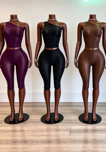 Women’s Slash Shoulder Solid Color Slim Fit High Stretch Knee Length Shorts Set