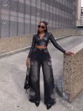 Women Black Grey Patch Raw Edge Wide Leg Denim Pant