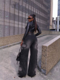Women Black Grey Patch Raw Edge Wide Leg Denim Pant