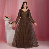 Women Lace V-Neck Pleated Long Sleeve Mesh Evening Dress