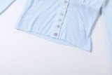 Women Autumn V Neck Sexy Lace Trim Button Knitting Long Sleeve T-Shirt