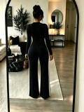 Women Autumn/Winter Solid Long-sleeve Top + Patchwork Wide-leg Pants Two-piece Set