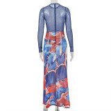 Women Color Block Sexy See-Through Round Neck Long Sleeve Holidays Dress