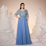 Women V-Neck Half-Sleeve Lace Patchwork Chiffon Elegant Evening Dress