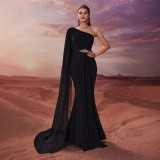 Women’s Elegant Chic Applique  One Shoulder Chiffon Patchwork Mermaid Evening Gown