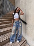 Women Color Button Ripped Wide Leg Denim Pant