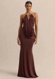 Women Sleeveless Cowl Neck Pleated Sexy Backless Halter Neck Bodycon Maxi Dress
