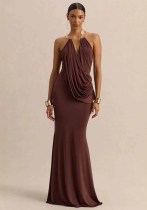 Women Sleeveless Cowl Neck Pleated Sexy Backless Halter Neck Bodycon Maxi Dress Women Sleeveless Cowl Neck Pleated Sexy Backless Halter Neck Bodycon Maxi Dress